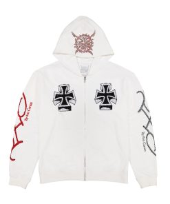 Xman Men's Rhinestone Zip Hoodie White
