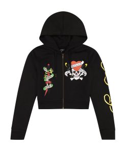 LKS Skull Black Zip Front Cropped Hoodie